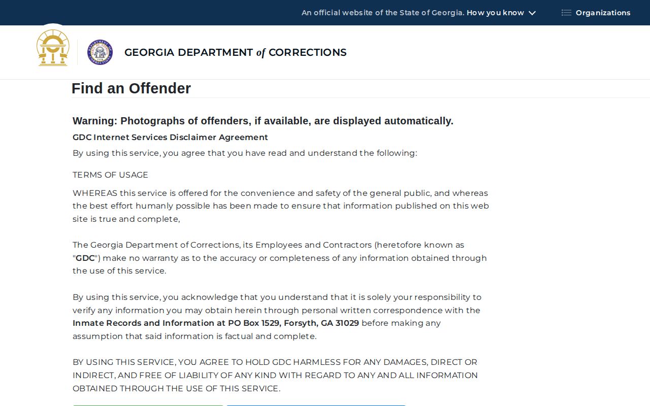 Georgia Department of Corrections official offender search form for Upson County custody follow-up
