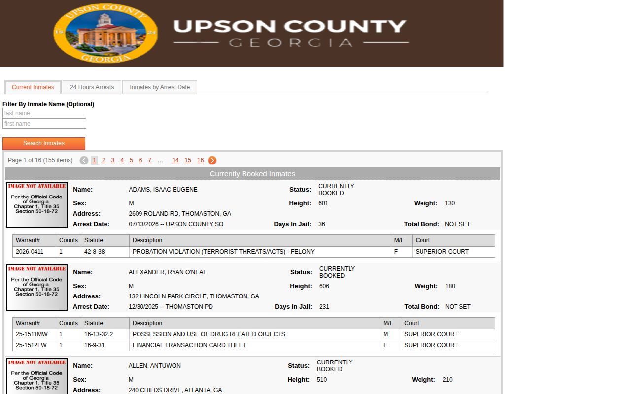 Upson County Jail official current inmate roster and booking-record interface