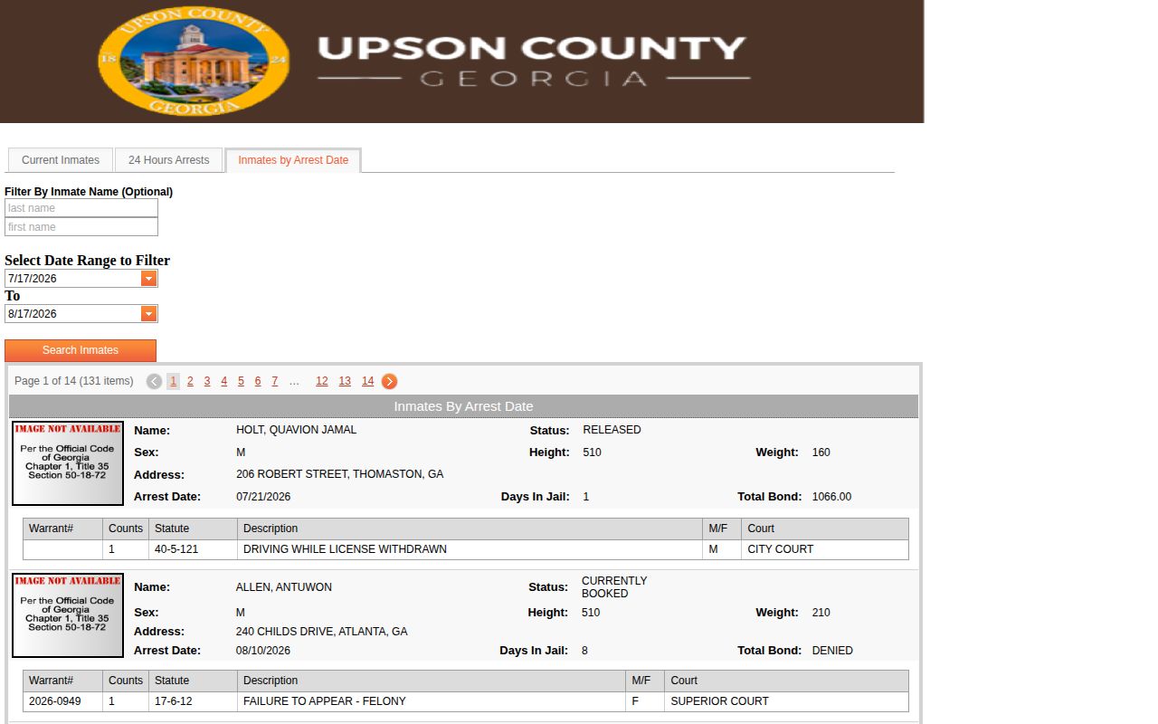 Upson County Jail official arrest-date booking record search interface