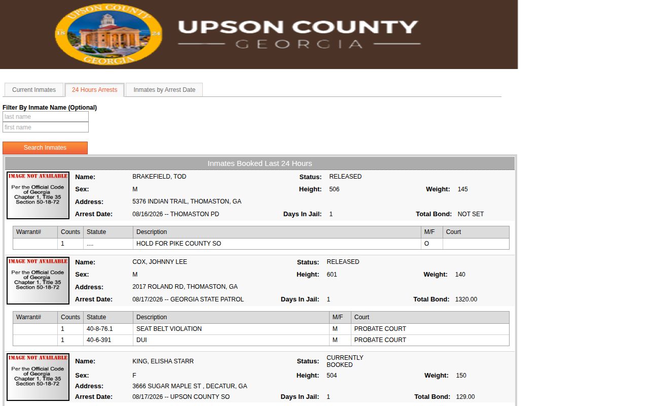 Upson County Jail official 24-hour booking feed interface